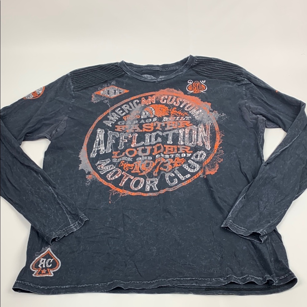 Affliction Black Orange Long Sleeve Tee Mens 2XL graphic logo front back Cotton